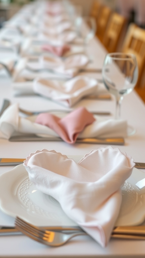 A long dining table set with heart-shaped napkin folds in pink and white, creating a romantic Valentine's setting.