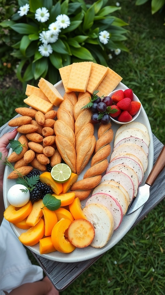 A platter of assorted finger foods including fruits, cheeses, and snacks, set against a garden backdrop.
