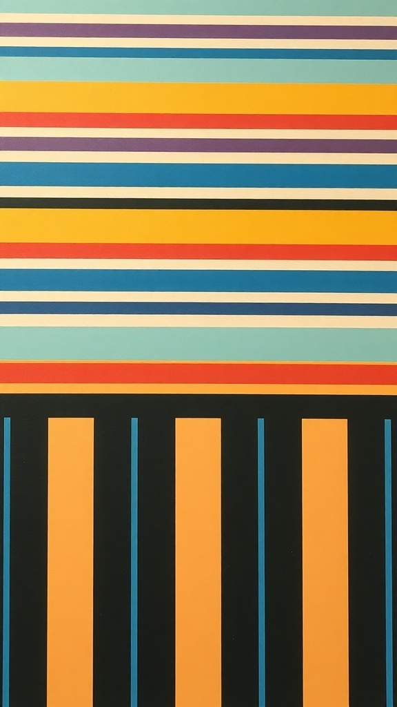 Fondo de pantalla con rayas en colores vibrantes y patrones retro.