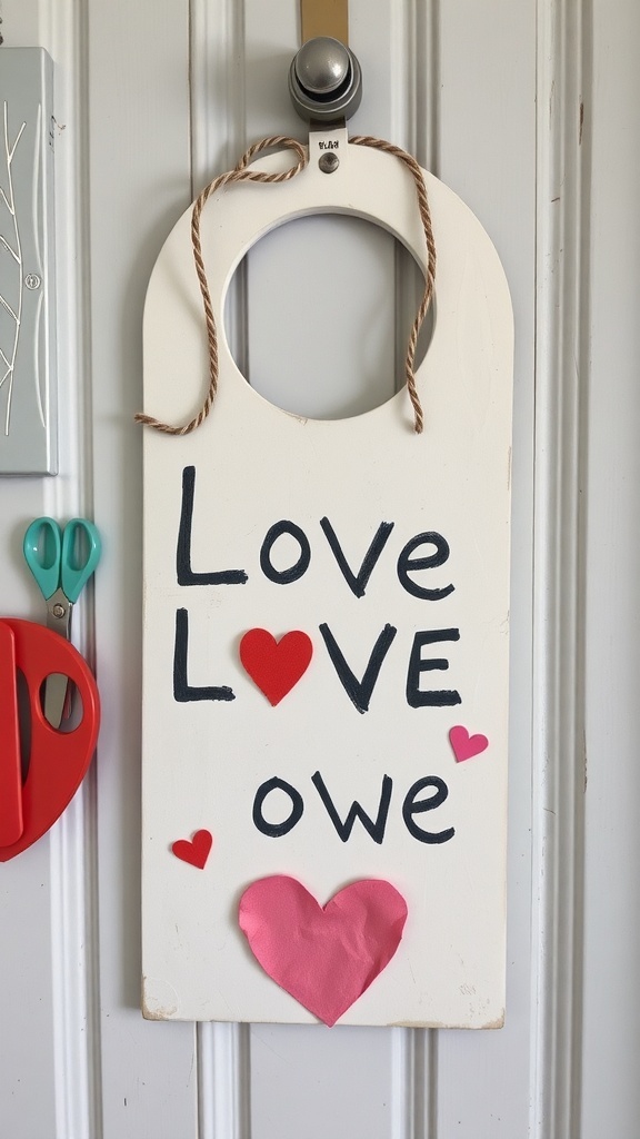 A Valentine's door hanger with the words 'Love Love owe' and decorative hearts.