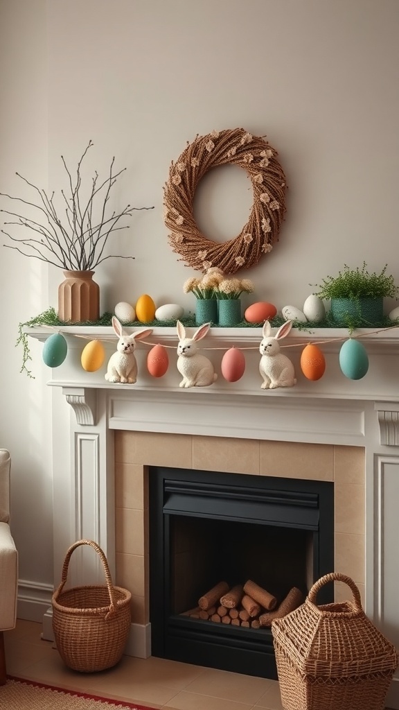 A cozy Easter-themed room with a garland of colorful eggs and bunny decorations on the mantel.