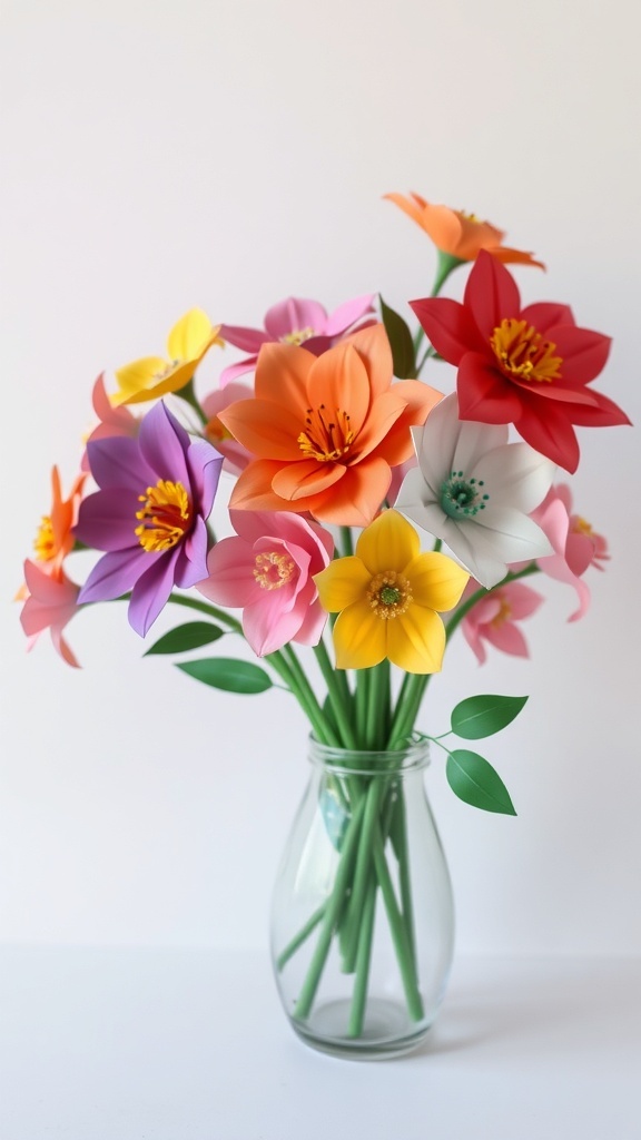 A vibrant bouquet of colorful paper flowers in a clear vase.