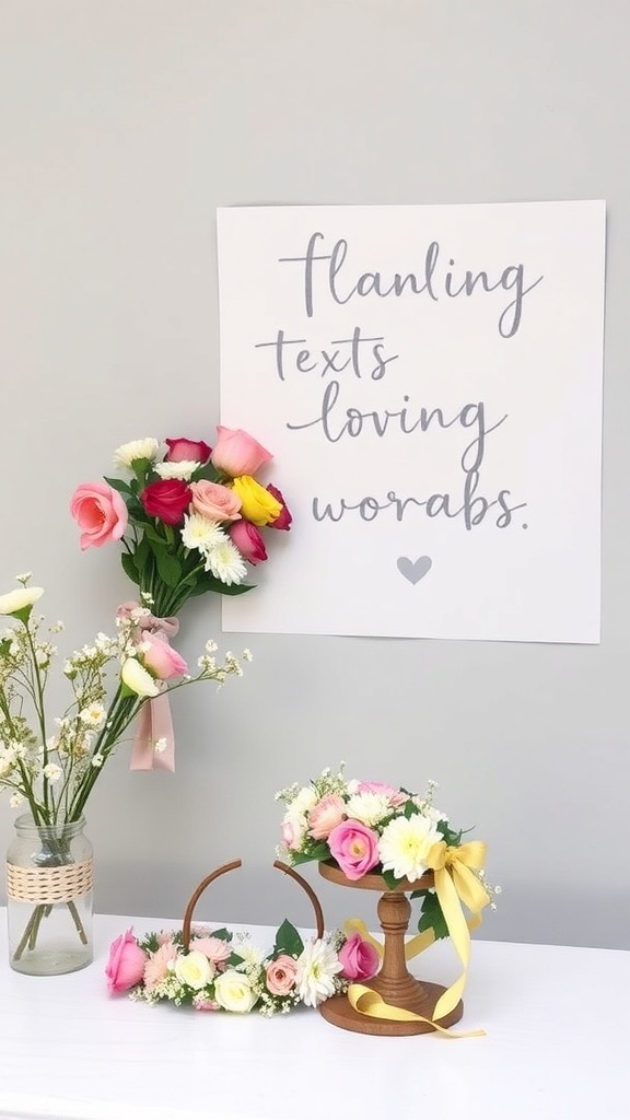 A DIY flower crown station with colorful flowers and a sign.