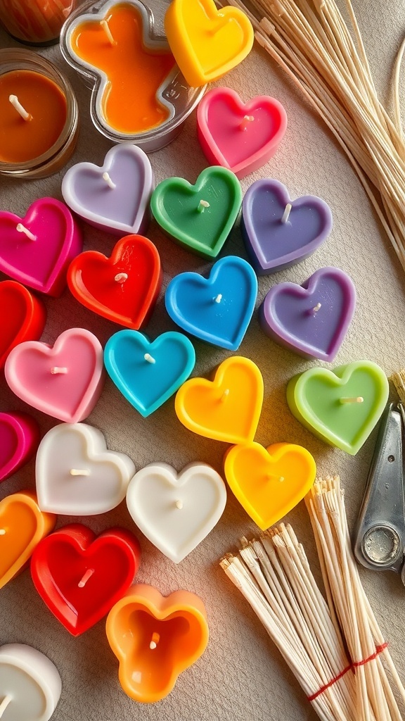 Colorful heart-shaped candles and candle-making supplies