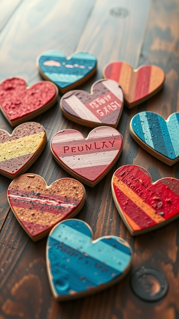 Colorful heart-shaped coasters arranged on a wooden surface.