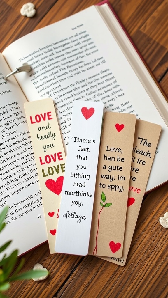 A collection of DIY love bookmarks with heart designs and sweet messages, placed next to an open book.