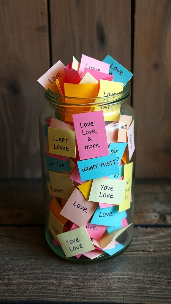 A glass jar filled with colorful notes, each expressing love, sitting on a wooden surface.