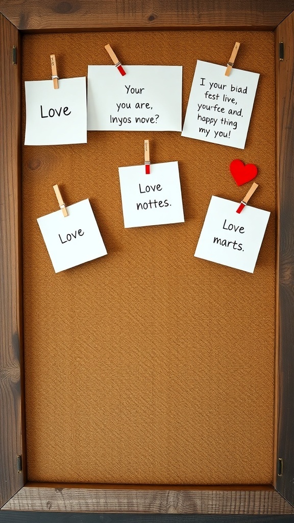 A corkboard displaying handwritten love notes clipped with clothespins, featuring a heart shape.