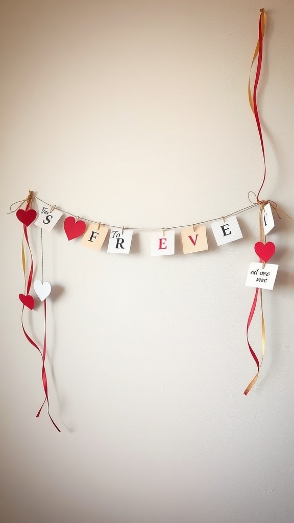 A decorative garland with hearts and letters spelling a love message, hanging on a wall.