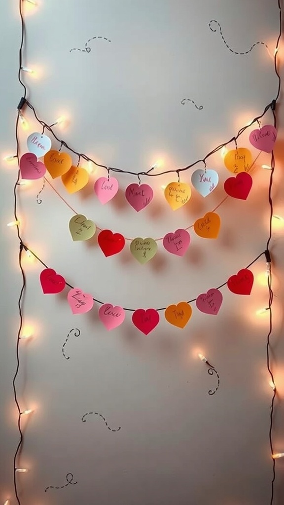 A colorful DIY Love Notes Garland with heart-shaped notes and string lights.