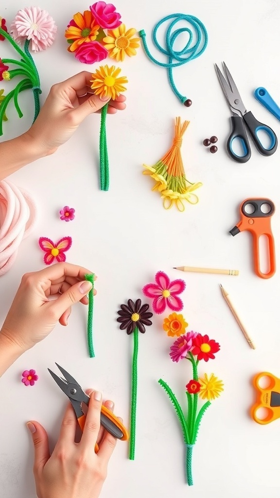 A colorful display of DIY pipe cleaner flowers being crafted, with scissors and other supplies visible.