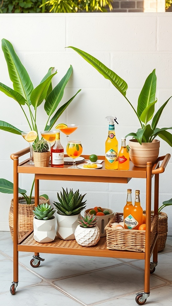 A stylish DIY poolside bar cart with colorful drinks and potted plants.