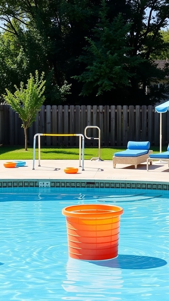 A pool with an orange bucket floating in it, surrounded by poolside games and seating.