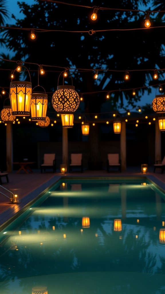 DIY poolside lanterns hanging above a swimming pool at night.