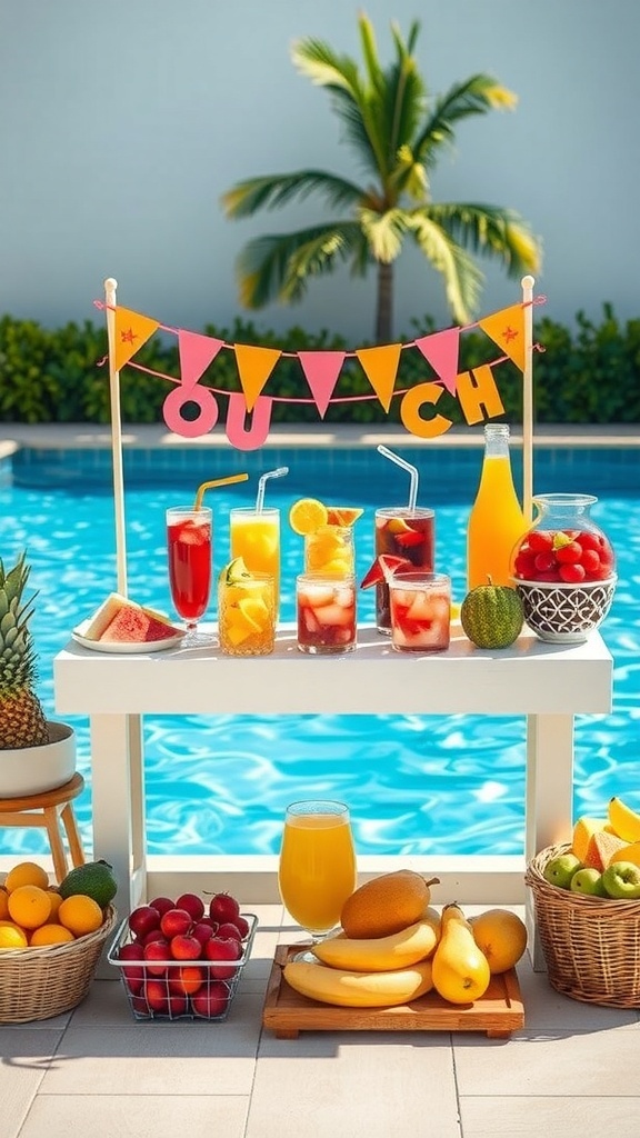 A colorful poolside snack bar with drinks and fruits