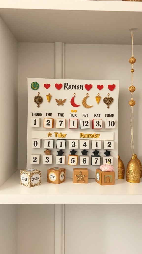 A DIY Ramadan countdown calendar with decorative elements and numbered blocks.