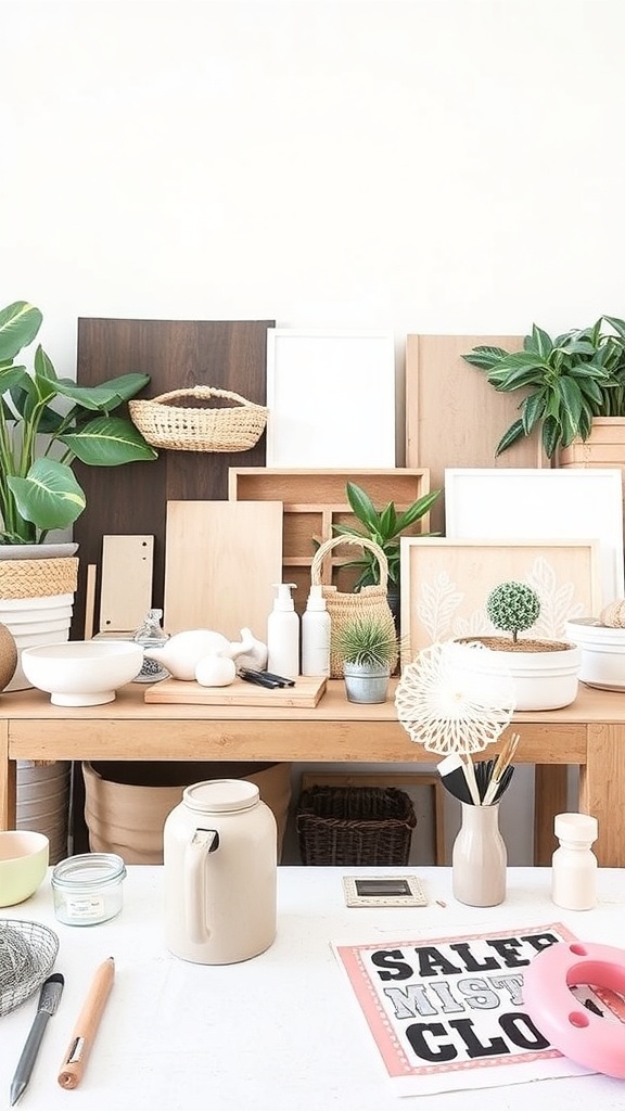 A cozy workspace with various materials for DIY table decor projects.