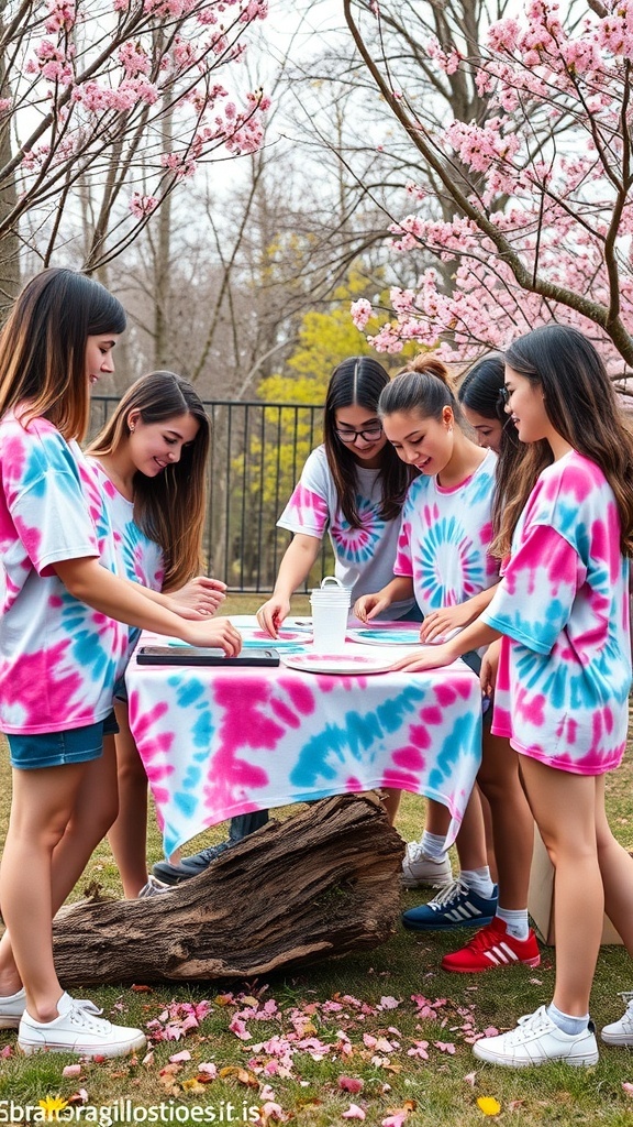 Group of people wearing tie-dye shirts at a gender reveal party