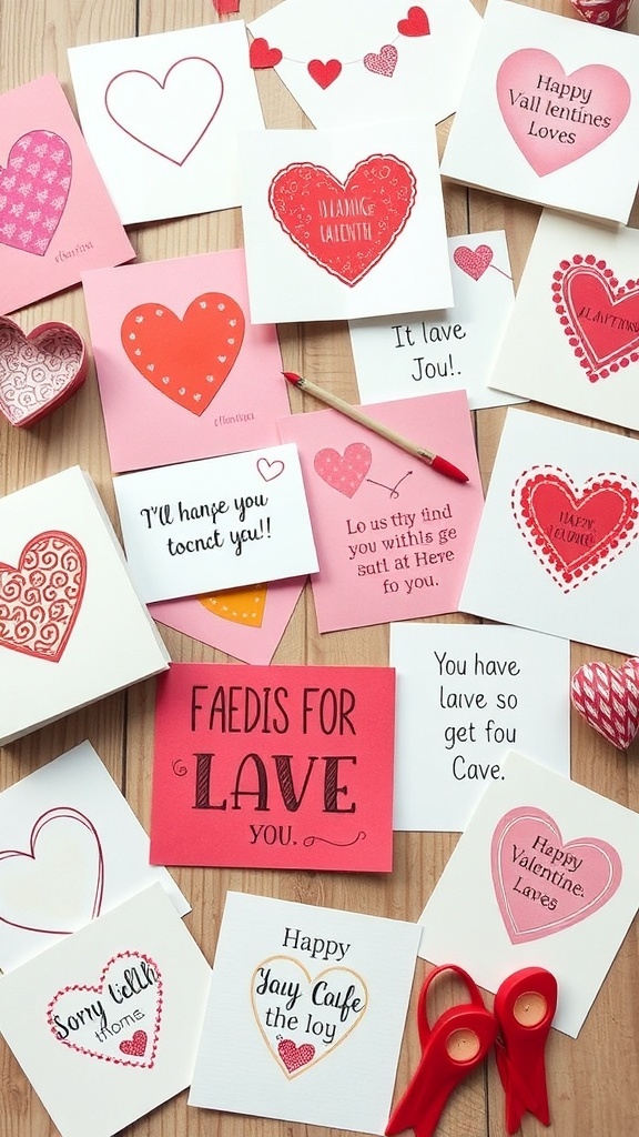 A collection of colorful DIY Valentine cards with hearts and sweet messages.