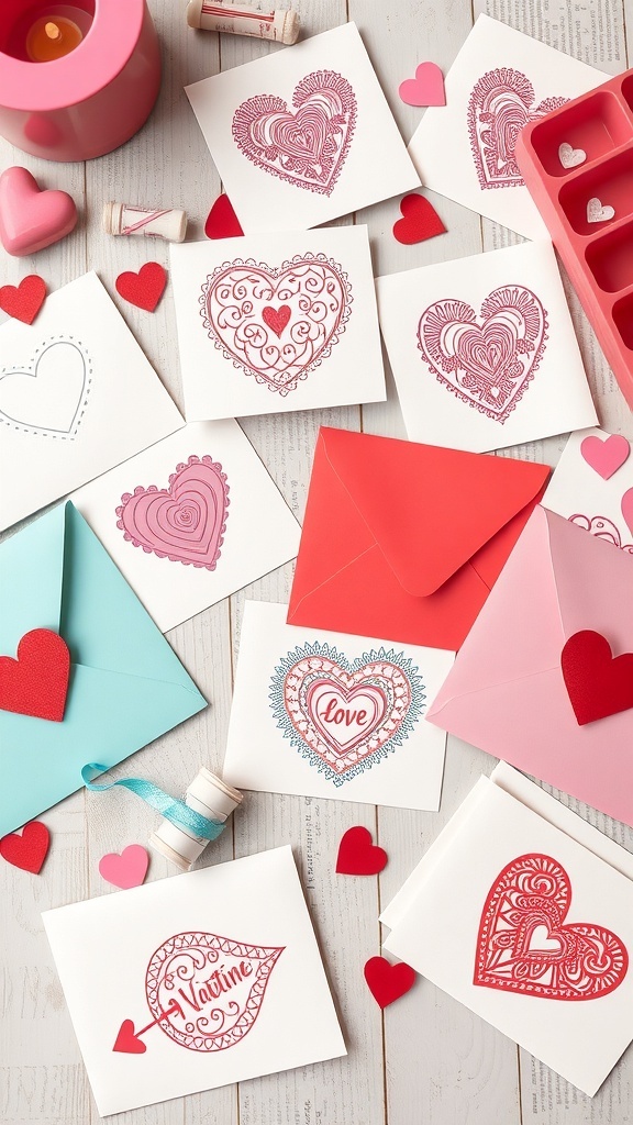 A collection of DIY Valentine cards with heart designs, envelopes, and decorative elements.
