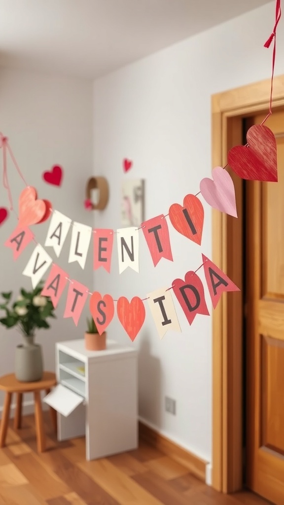 A colorful DIY Valentine's Day banner with hearts and letters hanging in a room.