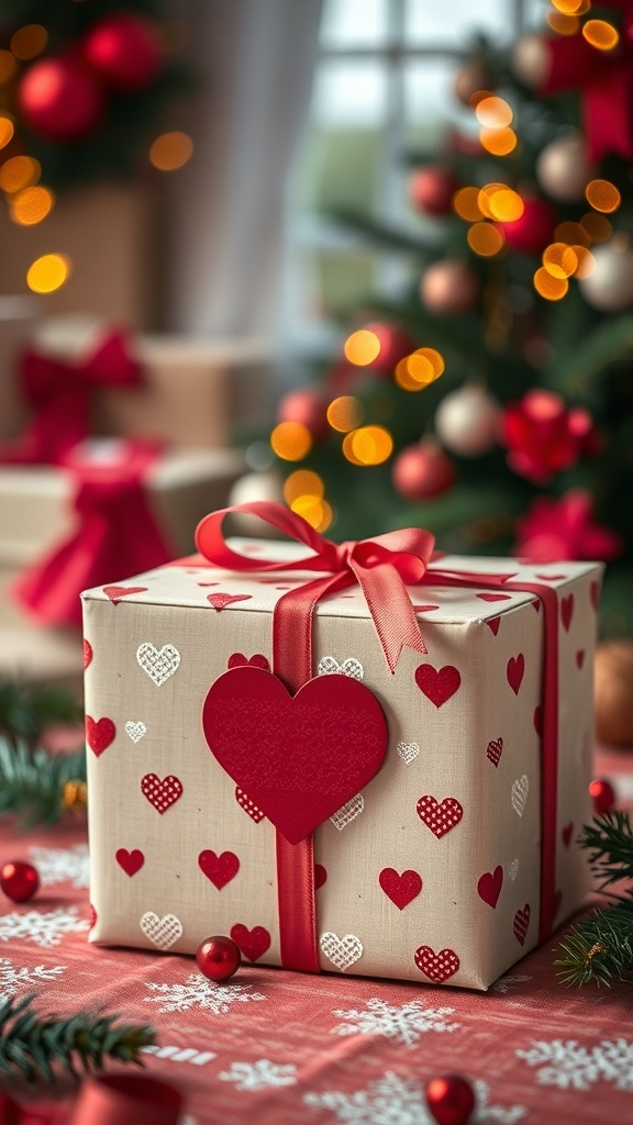 A beautifully wrapped gift box with red hearts and a ribbon, set against a festive background.