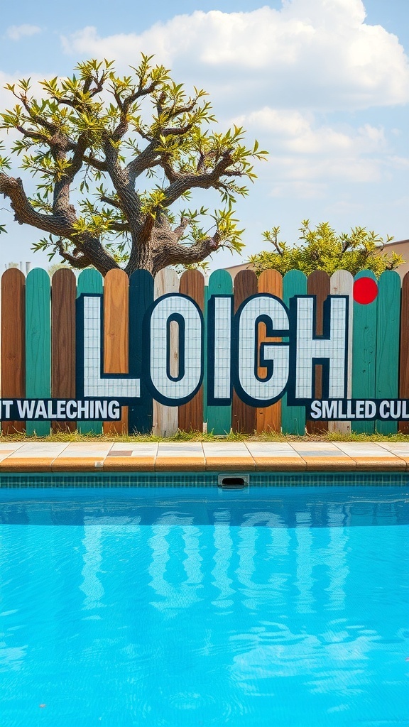 Colorful wall art near a pool with vibrant letters and a tree in the background.