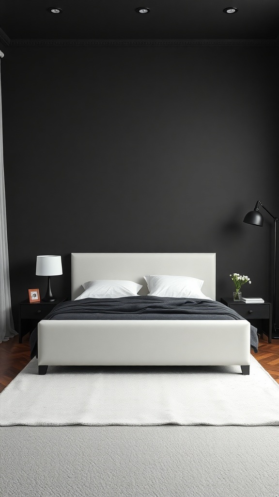 A modern bedroom with dramatic dark grey walls, featuring a sleek bed, white bedding, and minimalist decor.