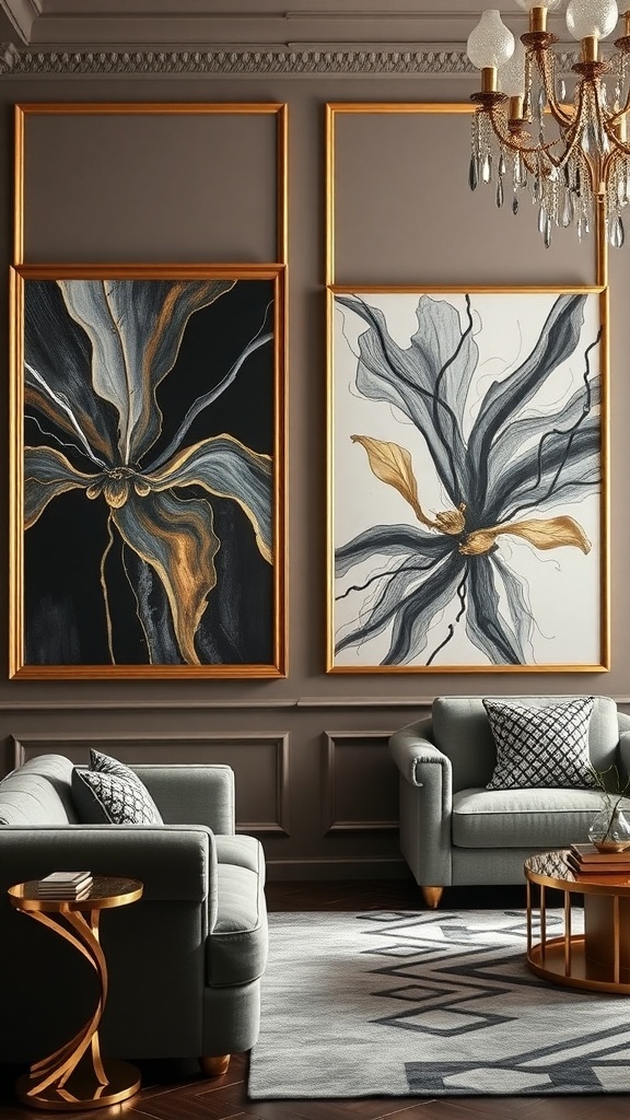 A stylish living room featuring two pieces of dramatic wall art framed in gold, with elegant furniture and a chandelier.