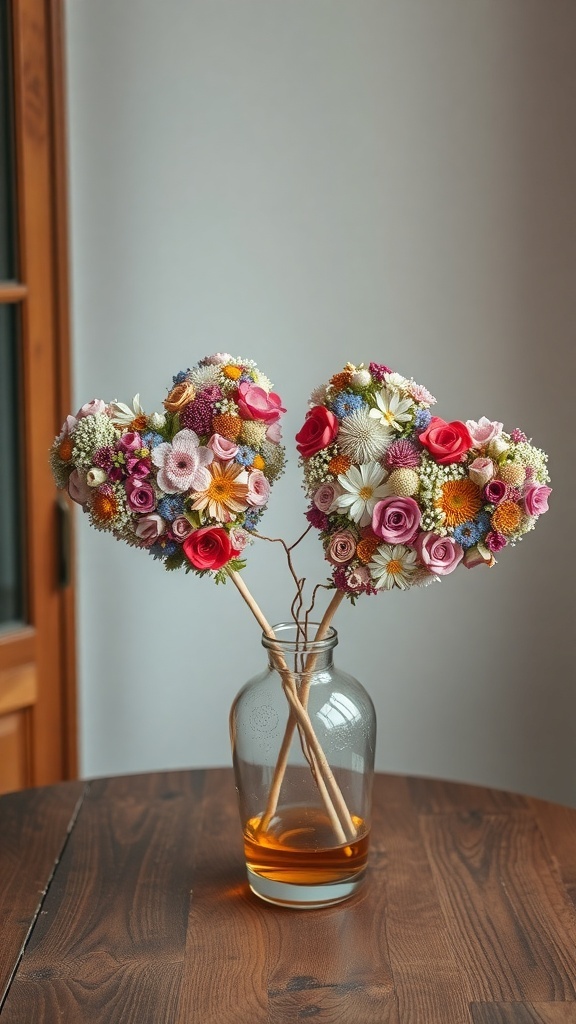 Two heart-shaped dried flower arrangements in a glass vase on a wooden table.