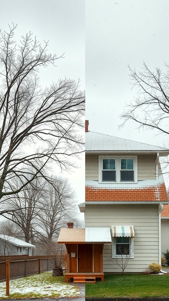 A split image showing a snowy landscape on one side and a house on the other.