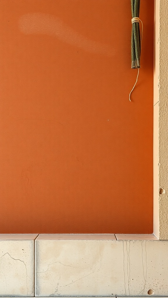 A warm terracotta wall with a rough stone base, showcasing earthy color palettes.