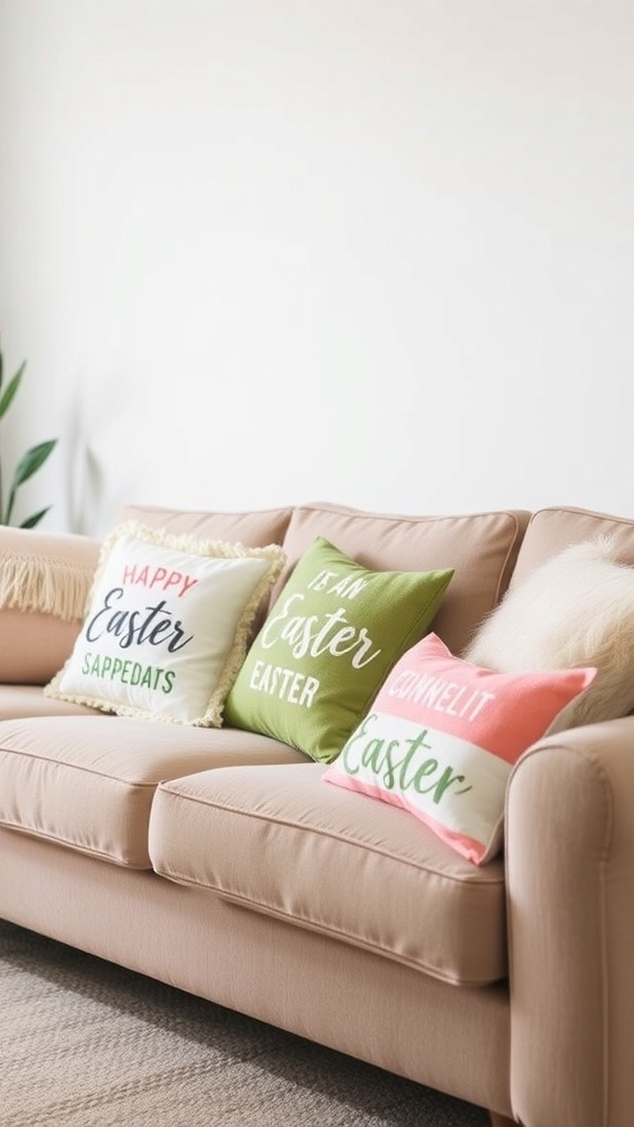 Easter-themed throw pillows on a couch with cheerful messages.