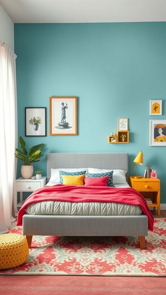 A stylish bedroom featuring a grey bed frame, colorful bedding, and vibrant wall decor.