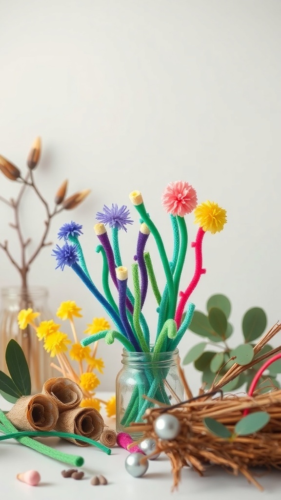 Colorful pipe cleaner flowers in a jar with natural elements