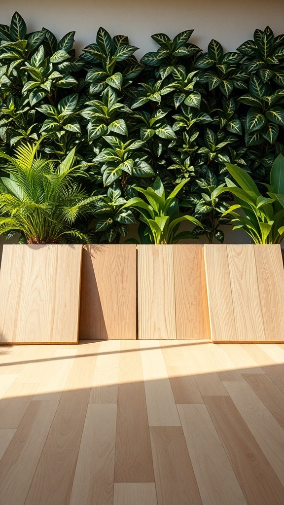 Light wood flooring with plants in the background.
