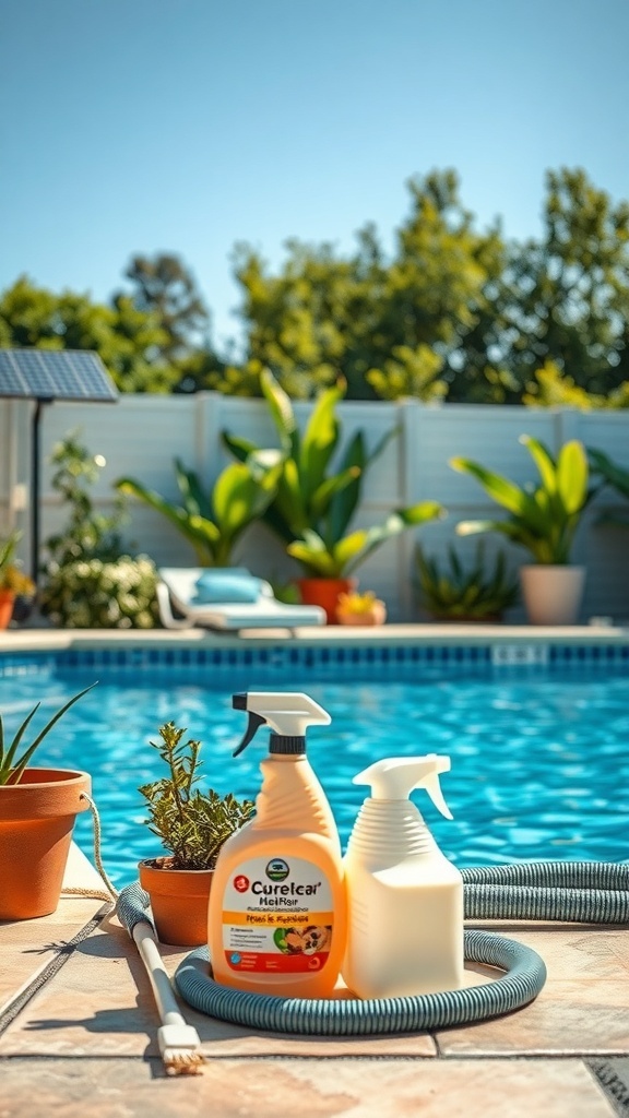 Eco-friendly pool maintenance products and tools by a swimming pool