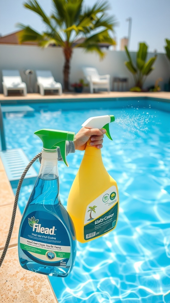 Hand holding eco-friendly pool cleaning products by the poolside.