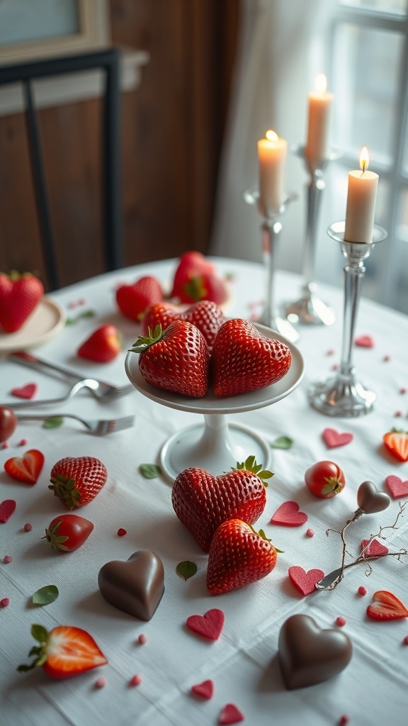 A beautifully decorated Valentine's table with strawberries, heart-shaped chocolates, and candles.