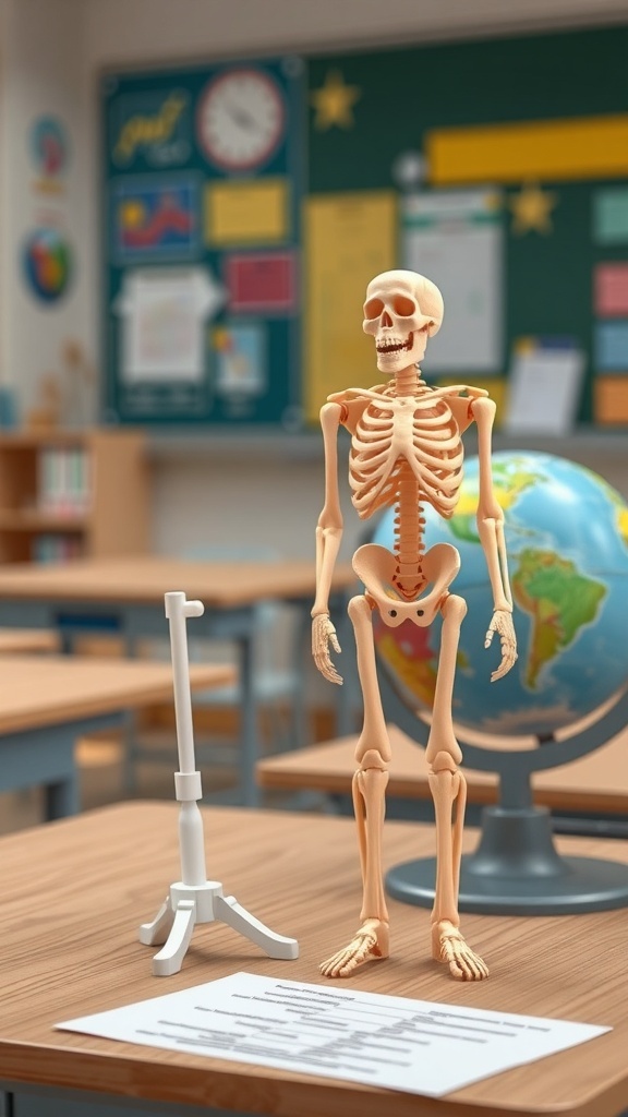 A 3D printed skeleton model on a classroom desk, with a globe and educational materials in the background.