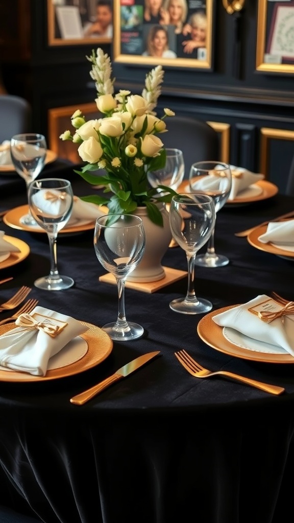 A beautifully set table with a black tablecloth, gold-rimmed plates, gold cutlery, and a floral centerpiece.