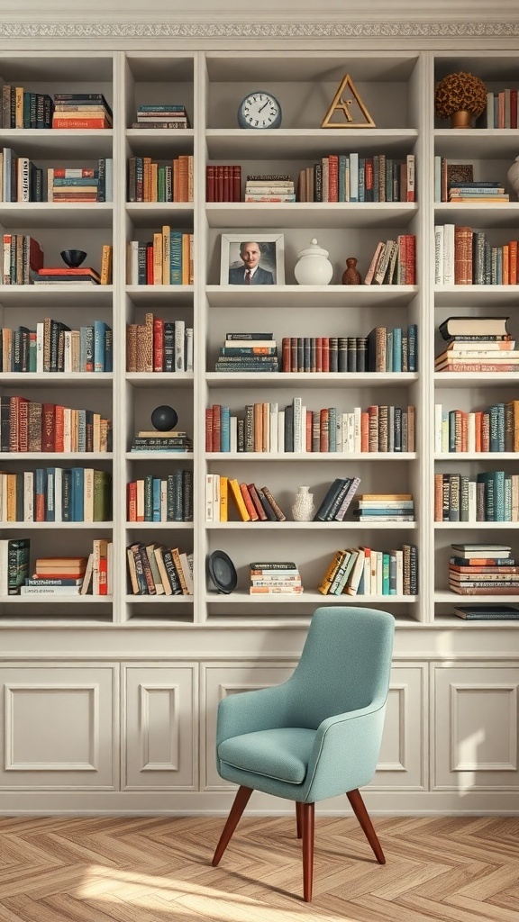 A stylish bookshelf filled with books and decorative items, accompanied by a comfortable chair.