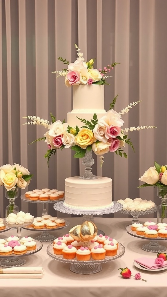A beautifully arranged cake and dessert table featuring a floral cake and assorted cupcakes.