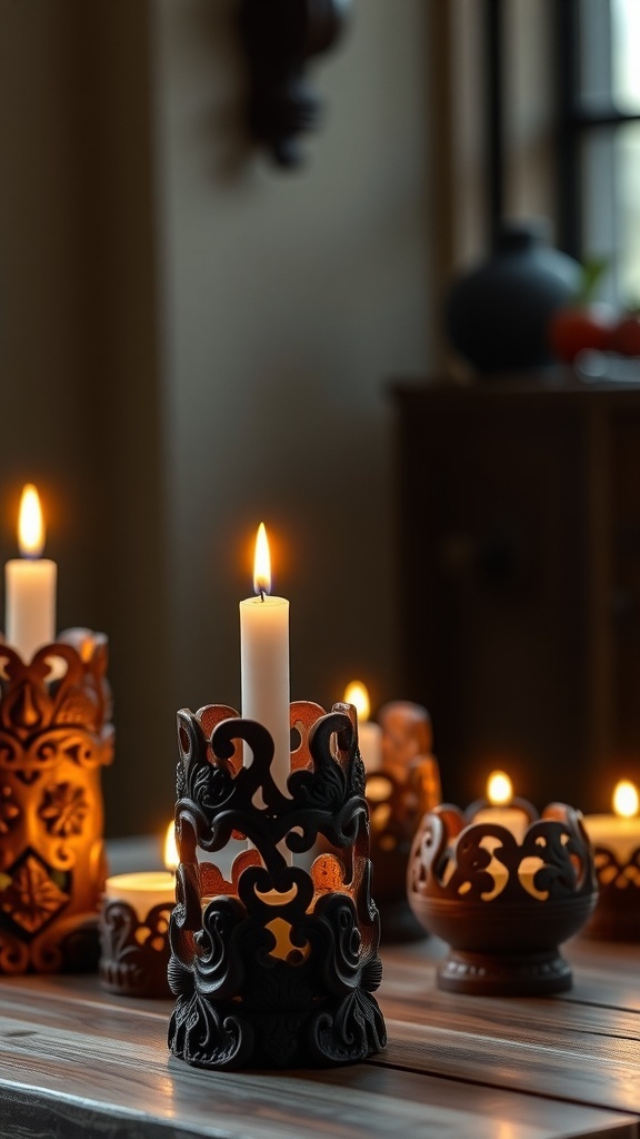 Wooden candle holders with intricate carvings and lit candles