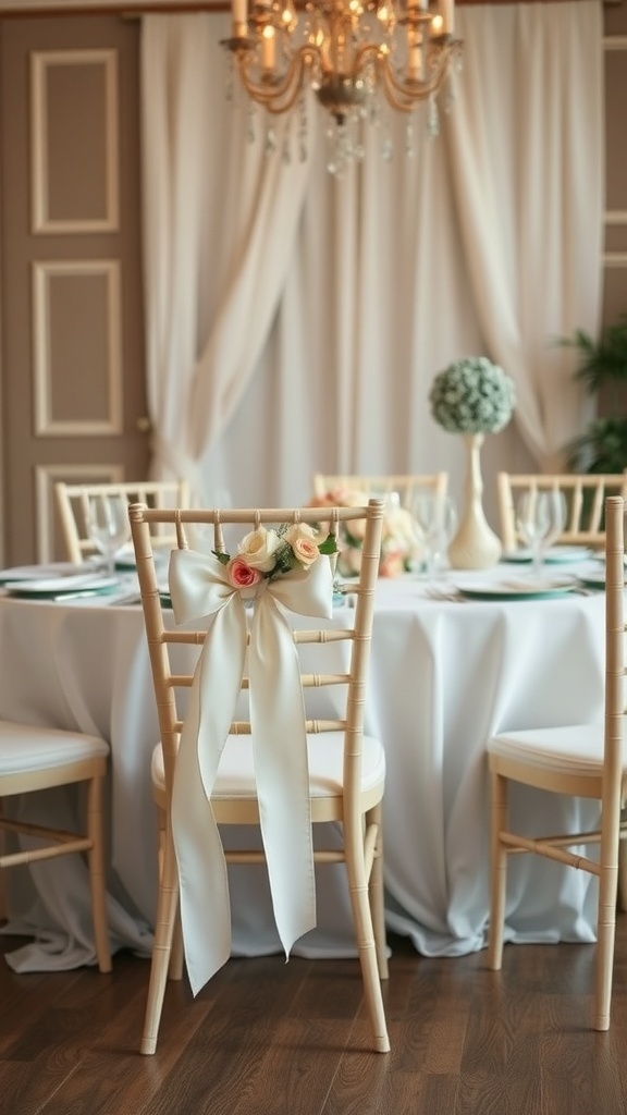 Chairs decorated with white ribbons and roses for a Valentine's tablescape.