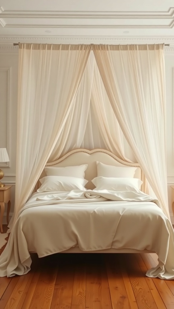 A cream canopy bed with soft drapes and white linens in a bright bedroom.