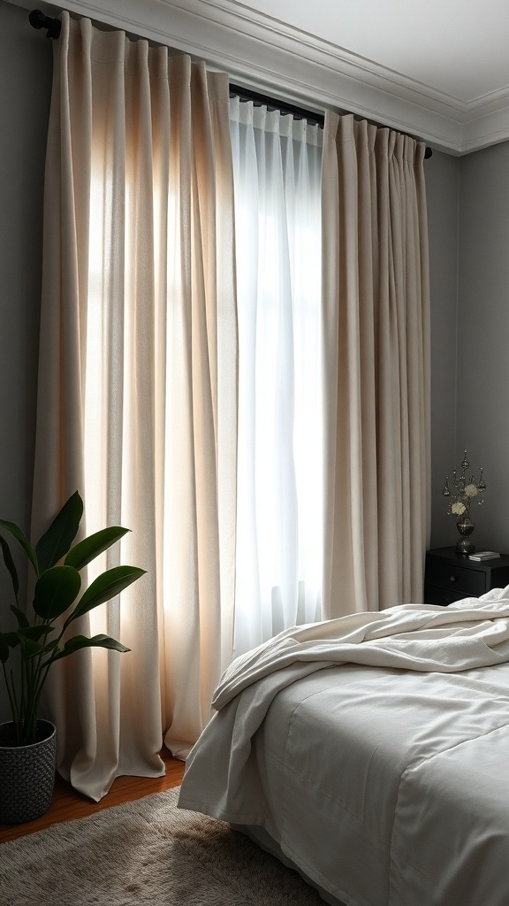 A cozy grey bedroom with soft beige curtains, a plant, and a neatly made bed.