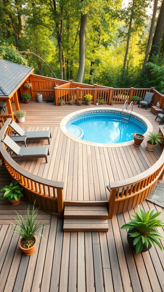 A circular wooden deck surrounding an above ground pool, featuring lounge chairs and potted plants in a forested setting.