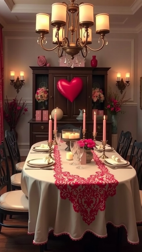 A beautifully decorated dining room for Valentine's Day with a pink and red table runner, candles, and heart-shaped decor.