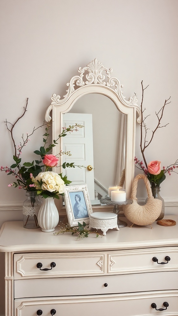 A beautifully decorated dresser with flowers, a mirror, and a photo frame, creating an elegant atmosphere.